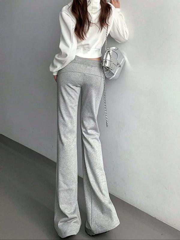 Women's Plain Drawstring Flare Leg Pants, Casual Pocket Bell Bottom Trousers for Daily Wear, Ladies Bottoms for All Seasons, Pants for Women, Going Out Bottoms