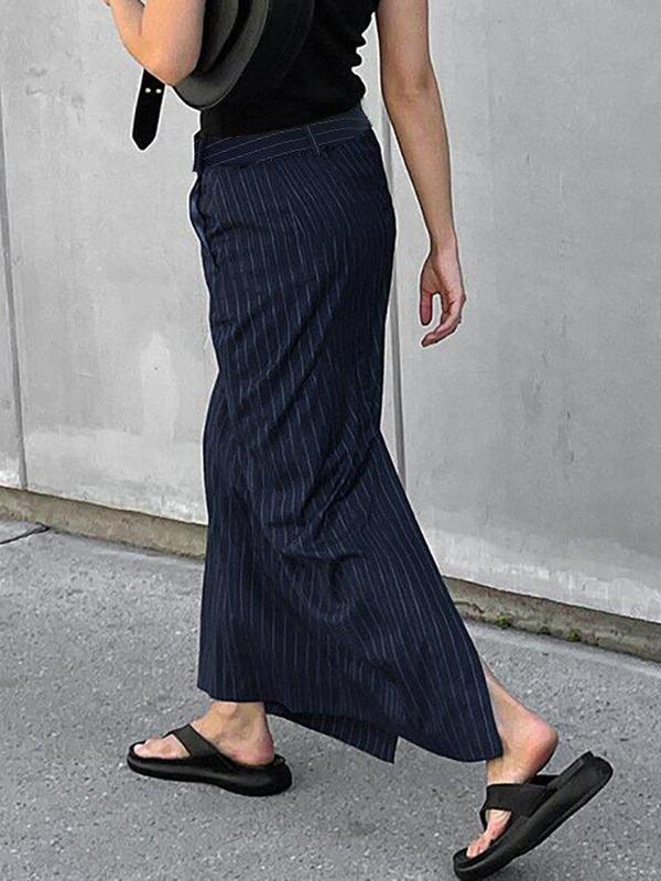 Women's Striped Print Pocket Split Hem Skirt, Casual Fashion Long Skirt for Daily Wear, Ladies Bottoms for All Seasons