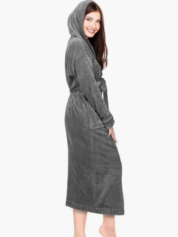 Women's Solid Belted Pocket Hooded Flannel Robe, Casual Long Sleeve Thermal Lined Robe, Women's Sleepwear for Fall & Winter