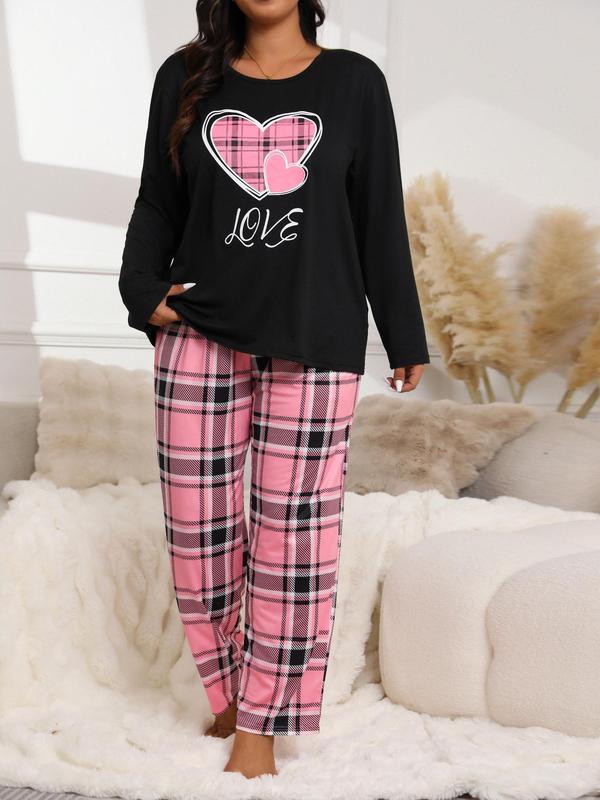  Two-piece Set Long Sleeve Heart Print Tee & Plaid Print Bow Decor Pants Pyjama, Casual Comfy Round Neck Top & Trousers Pj Set, Women's Sleepwear for Spring & Fall