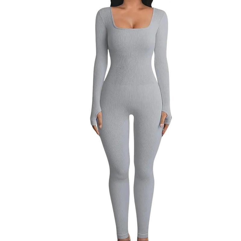 Women's Polyester Jumpsuit with Square Collar and Long Sleeves for Yoga and Fitness  - Fashion Womenswear, Shapewear snatch waist