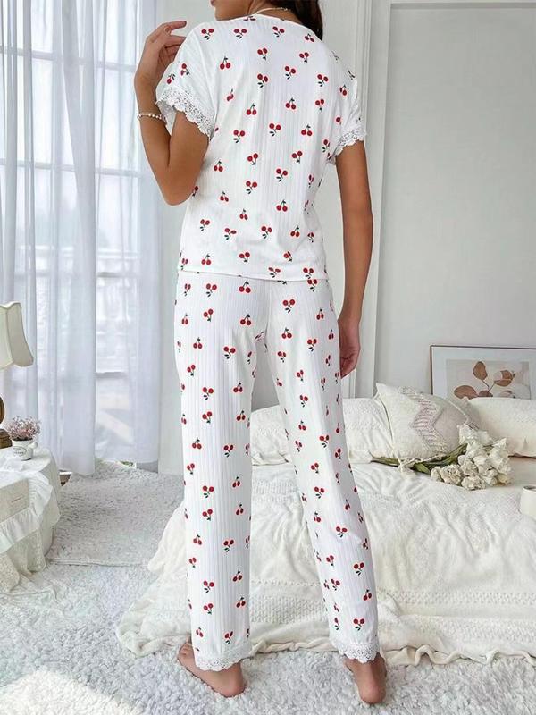 Two-Piece Set Women's Cherry Print Contrast Lace V Neck Pajama Set, Casual Comfy Short Sleeve Tee & Pants PJ Set, Ladies Sleepwear for All Seasons