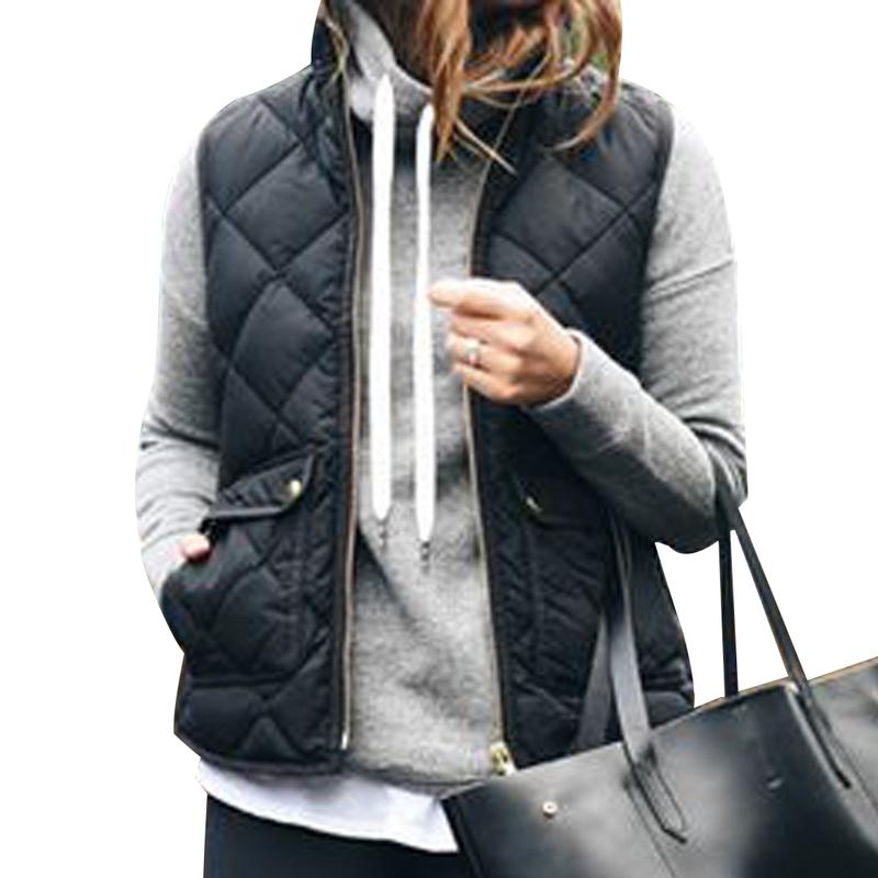 Women Warm Vest Solid Color Stand Collar Warm Padded Zipper Up Side Pockets Gilet Quilted Puffer Wild Vest