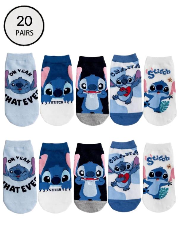 Cartoon Stitch Pattern & Letter Print Ankle Socks, Cute Comfy Breathable Socks for Women, Multipack Knit Crew Socks, Women's Socks & Hosiery