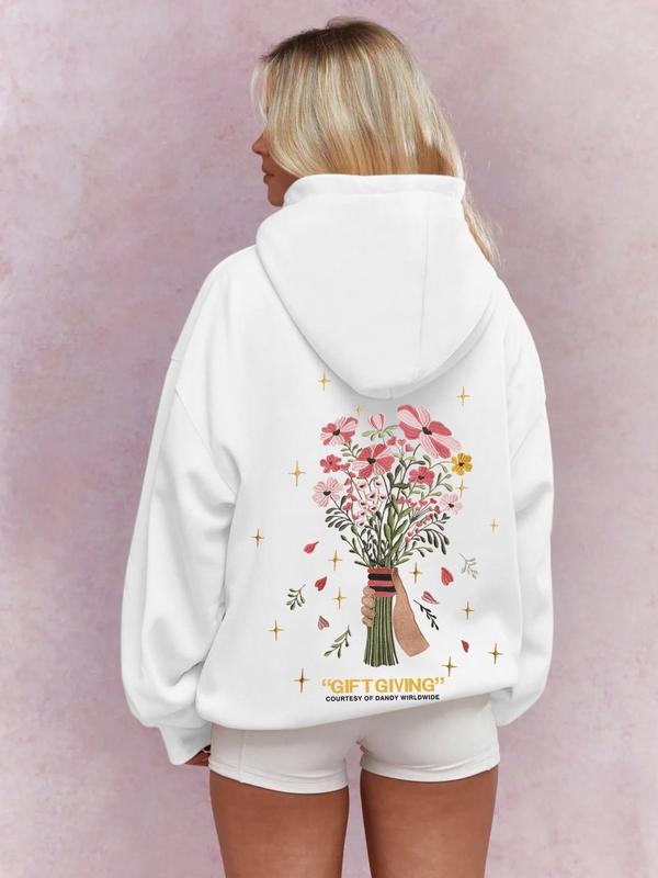 Women's Floral & Letter Print Drop Shoulder Hoodie, Fashion Casual Drawstring Pocket Hooded Sweatshirt for Daily Holiday Outdoor Wear, Women Clothing for Fall & Winter