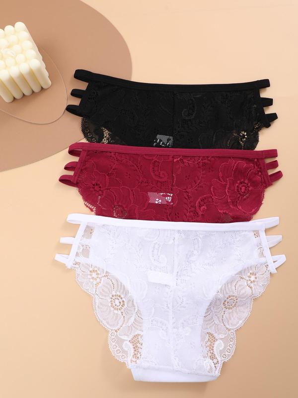 Women's 3pcs Plain Contrast Lace Cut Out Knicker, Soft Comfy Breathable Panty for Daily Wear, Underwear for All Seasons