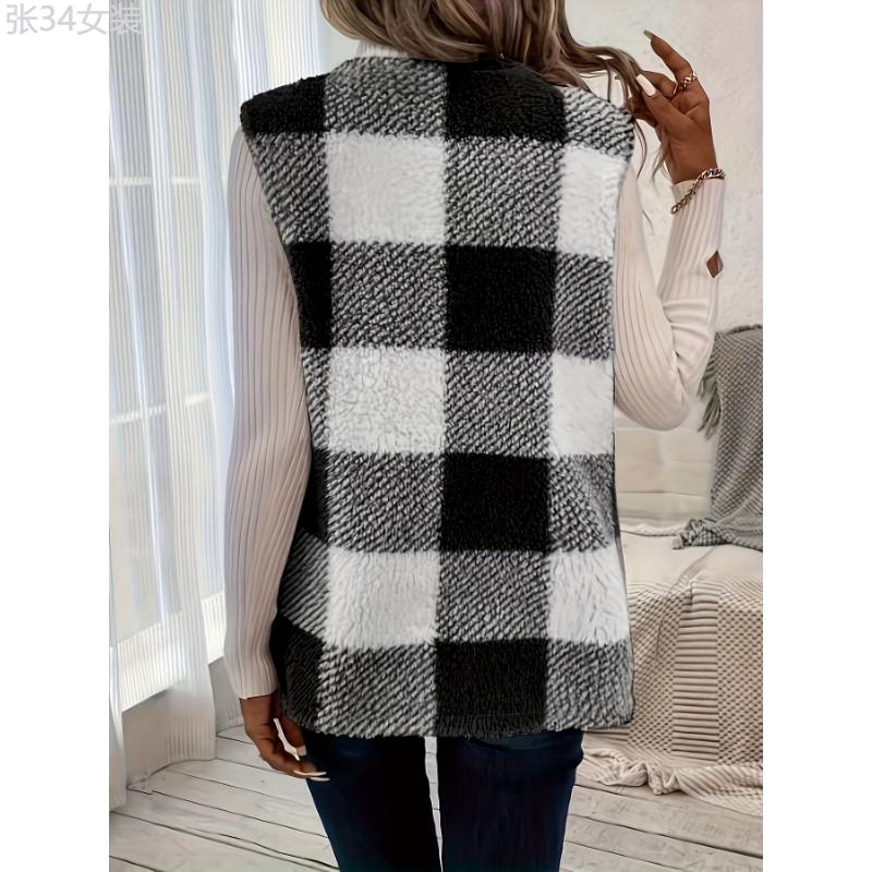 Plus Size Plaid Fuzzy Vest Jacket, Elegant, Sleeveless, Warm, Fall Winter Collar Fabric