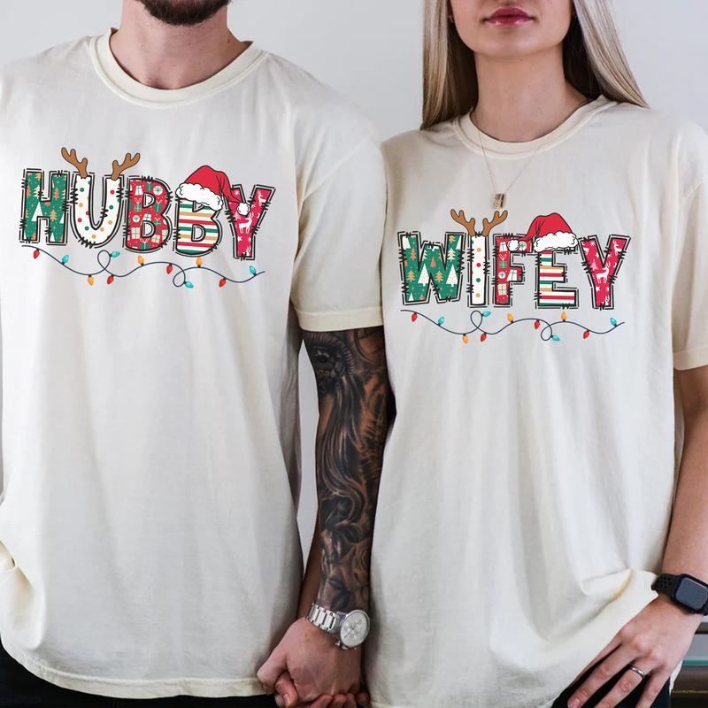 Christmas Wifey and Hubby T-Shirt, Christmas Matching Couple Shirt, Merry Xmas Tee, Unisex Cotton Comfortable Shirt