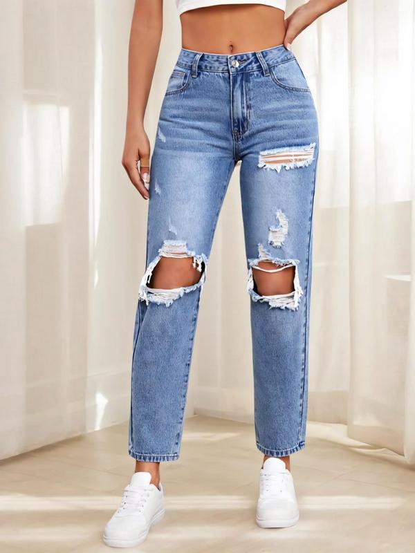 Women's Plain Ripped Button Straight Leg Jeans, Casual Pocket Design Denim Trousers for Fall & Winter, Women's Bottoms for Daily Wear