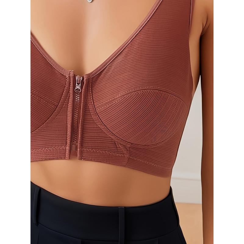 Solid Front Zipper Bra, Simple and Comfortable Wide Straps Wireless Bra, Women's Underwear and Underwear