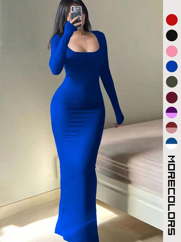 Women's Solid Scoop Neck Bodycon Long Dress, Casual Long Sleeve Mermaid Dress for Fall & Winter, Women's Clothing for Daily Wear