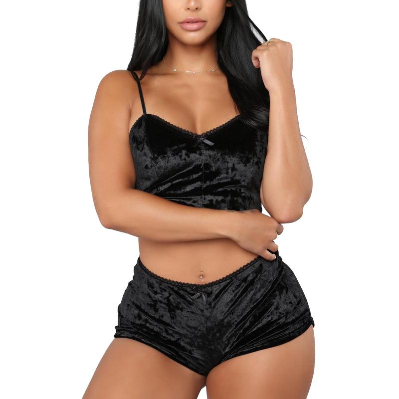 Women Sexy 2PCS Lingerie Set,Solid Color Sling Crop Top, Short Elastic Band Pants, Summer Sleepwear Set Trouser Pjs Basic