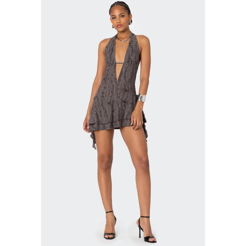 Shredded Backless Halter Mini Dress