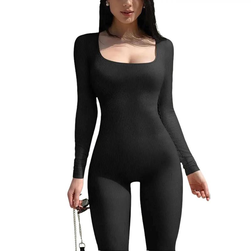 Women's Polyester Jumpsuit with Square Collar and Long Sleeves for Yoga and Fitness  - Fashion Womenswear, Shapewear snatch waist