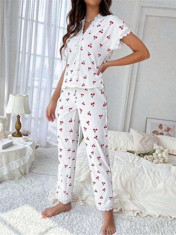 Two-Piece Set Women's Cherry Print Contrast Lace V Neck Pajama Set, Casual Comfy Short Sleeve Tee & Pants PJ Set, Ladies Sleepwear for All Seasons