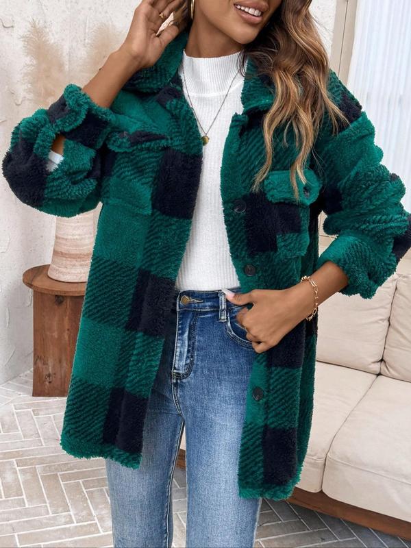 Women's Plaid Print Button Front Drop Shoulder Fuzzy Coat, Casual Long Sleeve Collared Flap Pocket Outerwear for Fall & Winter, Ladies Clothes for Daily Wear