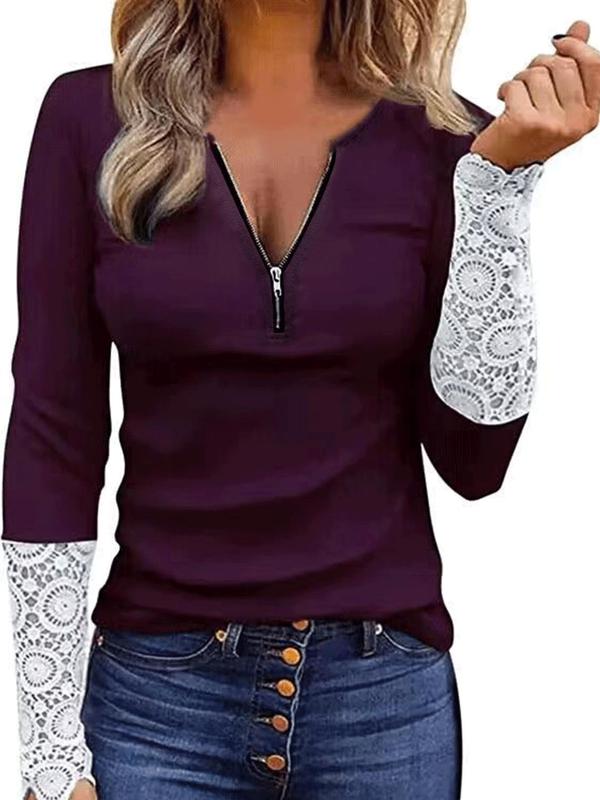 Women's Patchwork Contrast Lace Zipper V Neck Tee, Elegant Long Sleeve T-shirt for Spring & Fall, Ladies Clothes for Daily Wear