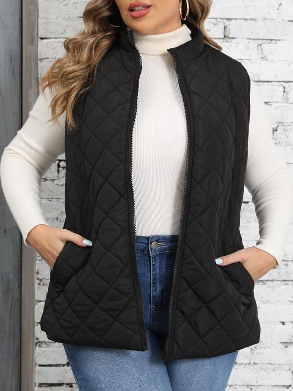  Solid Color Quilted Zip Up Pocket Vest Jacket, Casual Stand Collar Sleeveless Outerwear for Fall & Winter, Women's Clothes for Daily Wear