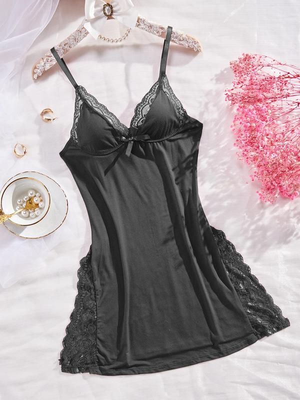 Women's Contrast Lace Bow Decor Cami Nightdress, Elegant Spaghetti Strap Nightgown, Soft Comfortable Sleepwear for Women