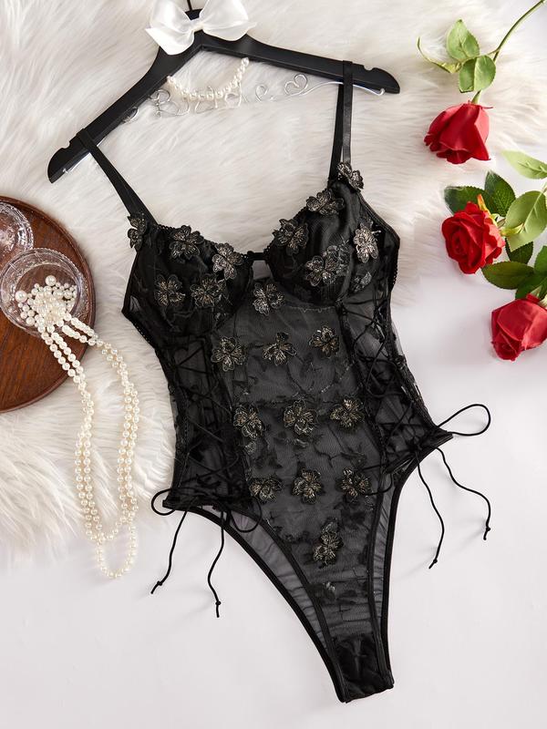 Women's Floral Appliques Lace Up Sheer Tulle Teddy Bodysuit, Elegant Romantic Adjustable Spaghetti Strap Sexy Lingerie Bodysuit For Daily Wear, Ladies Clothes For All Seasons