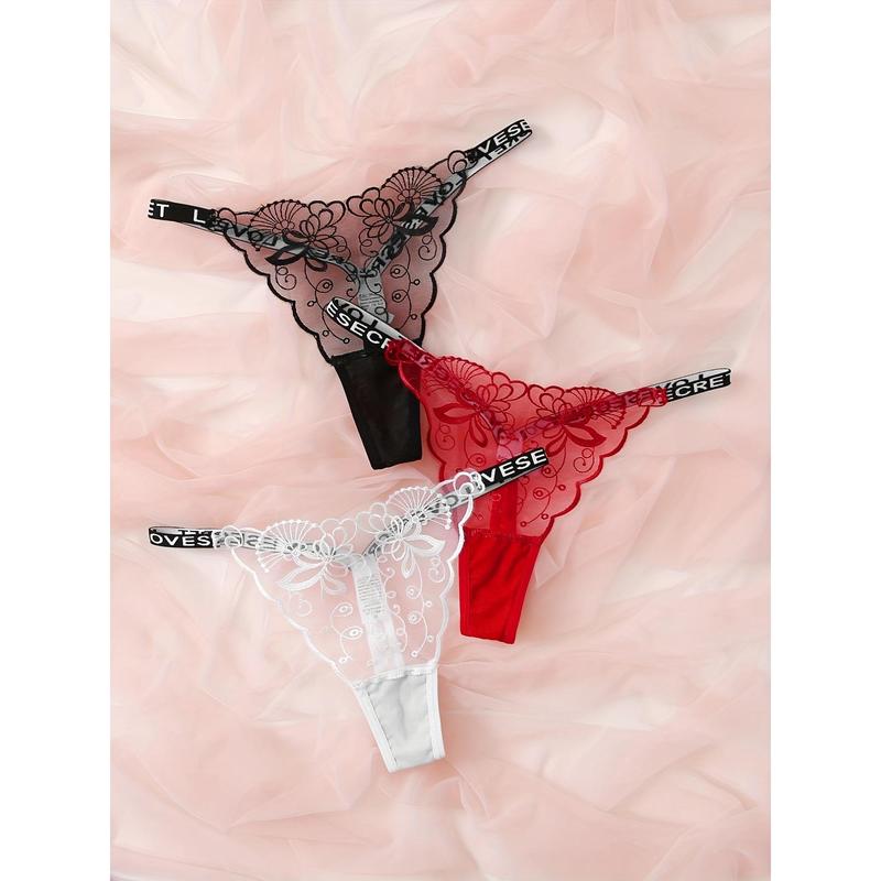 3pcs Floral Lace Mesh Thongs, Sheer Floral Lace Women's Lingerie & Intimates Panties