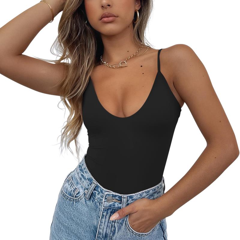 REORIA Womens Summer Sexy Deep Round Neck Double Lined Sleeveless Trendy Going Out Bodysuit Tank Tops