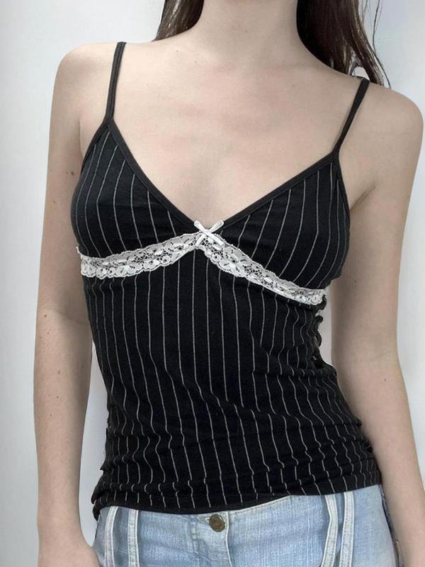 Women's Striped Print Contrast Lace Cami Top, Casual Bow Decor Spaghetti Strap Top for Summer, Summer Clothes Women, Ladies Clothes for Daily Wear