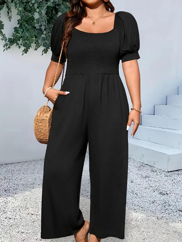 Plus Size Plain Shirred Pocket Wide Leg Jumpsuit, Casual Comfort Elegant Square Neck Puff Sleeve Jumpsuit, Back To School Clothes, Jumpsuit for Women, Women's Summer Clothes for Daily Womenswear