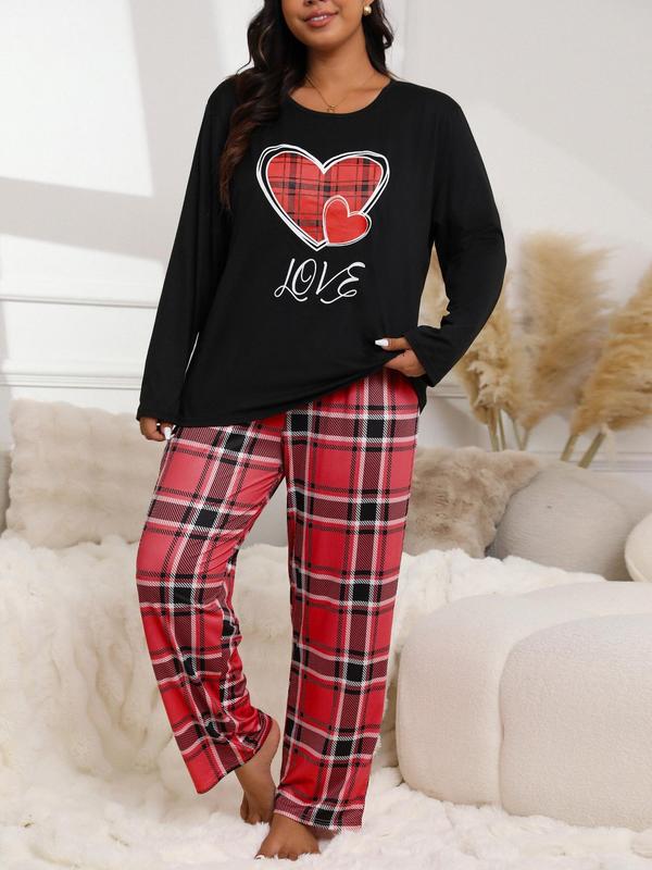  Two-piece Set Long Sleeve Heart Print Tee & Plaid Print Bow Decor Pants Pyjama, Casual Comfy Round Neck Top & Trousers Pj Set, Women's Sleepwear for Spring & Fall