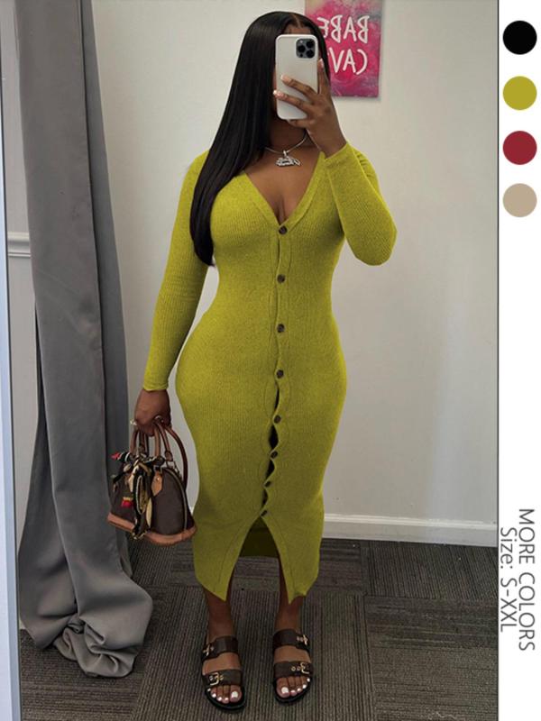 Women's Plain Button Front V Neck Bodycon Dress, Casual Long Sleeve Ribbed Midi Dress for Fall & Winter, Women's Clothing for Daily Wear