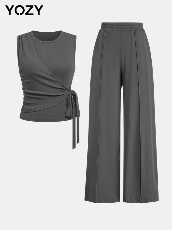 YOZY Christmas Deals, Knotted Tummy Cover Tank Top & Wide Leg Pants Set, Hide Tummy Outfits Uk, Sleeveless , Classy Going Out Tops & Elastic Waist Straight Leg Trousers Set, Christmas 2024 Trend, Fall & Winter Outfits