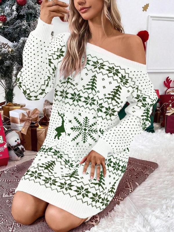 Christmas Deals Women's Christmas Print Round Neck Bodycon Sweater Dress, Casual Long Sleeve Crew Neck Knit Dress for Party Holiday Vacation, Women Crewneck Knitwear Christmas 2024 Trend, Fall & Winter Outfits