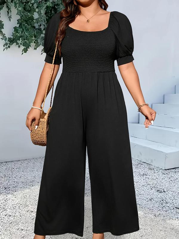 Plus Size Plain Shirred Pocket Wide Leg Jumpsuit, Casual Comfort Elegant Square Neck Puff Sleeve Jumpsuit, Back To School Clothes, Jumpsuit for Women, Women's Summer Clothes for Daily Womenswear