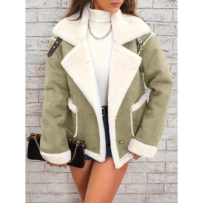 Lapel Plush Jacket, Winter Warm Casual Outwear, Women's Clothing