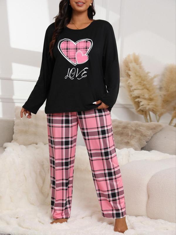  Two-piece Set Long Sleeve Heart Print Tee & Plaid Print Bow Decor Pants Pyjama, Casual Comfy Round Neck Top & Trousers Pj Set, Women's Sleepwear for Spring & Fall