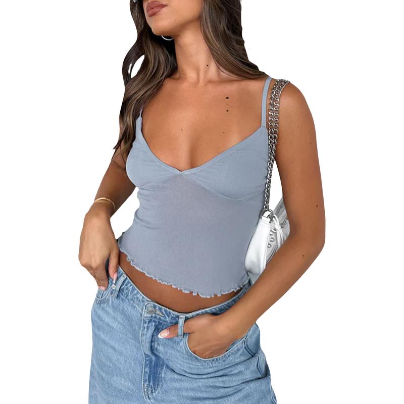 Womens Lace Frill Sheer Mesh Spaghetti Strap Crop Tops Sexy V Neck Cami Tank Tees Shirts Going Out Camisole Basic Fit Light Polyester