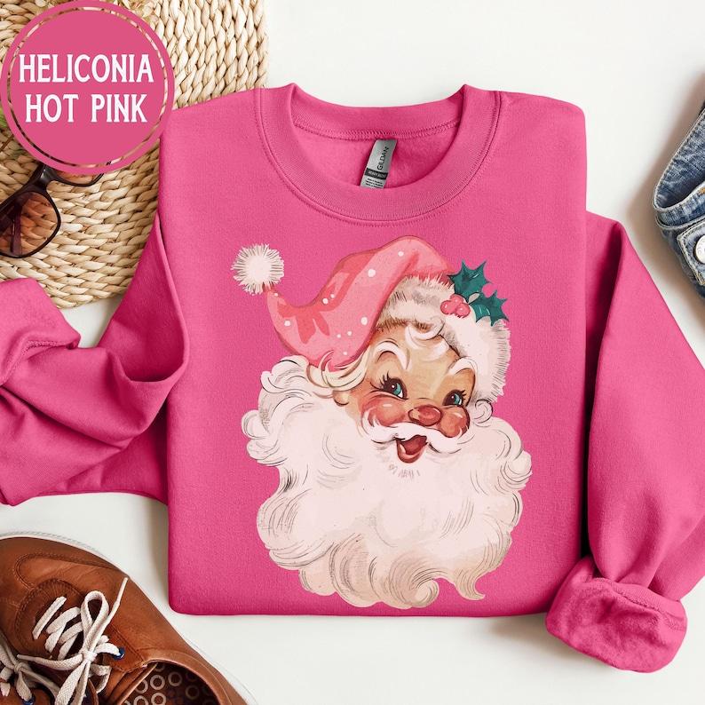 Pink Santa Retro Christmas Sweatshirts for Women Pink Christmas Matching Family Sweaters Pink Vintage Holiday Crewneck Group Party