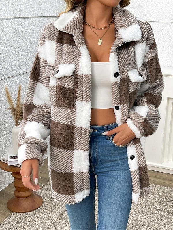 Women's Plaid Print Button Front Drop Shoulder Fuzzy Coat, Casual Long Sleeve Collared Flap Pocket Outerwear for Fall & Winter, Ladies Clothes for Daily Wear