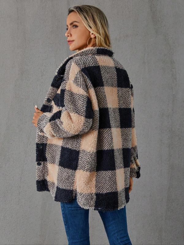 Women's Plaid Print Button Front Drop Shoulder Fuzzy Coat, Casual Long Sleeve Collared Flap Pocket Outerwear for Fall & Winter, Ladies Clothes for Daily Wear