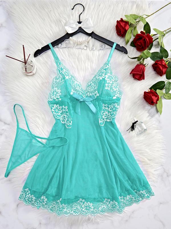 Women's Contrast Floral Lace Bow Decor Cami Nightdress & Thong Sexy Lingerie Set, Adjustable Spaghetti Strap Nightgown & Panty, Ladies Sleepwear Set