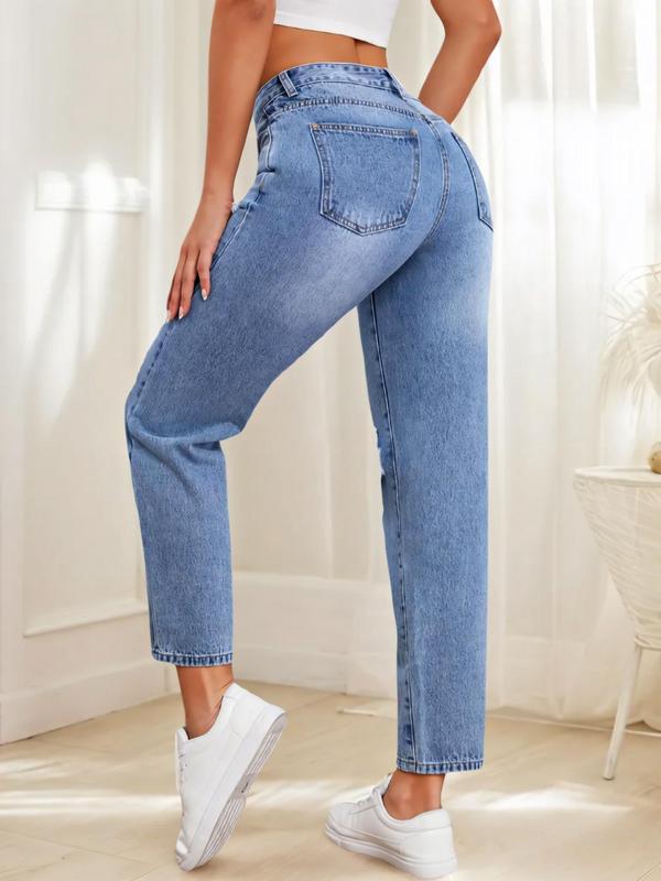 Women's Plain Ripped Button Straight Leg Jeans, Casual Pocket Design Denim Trousers for Fall & Winter, Women's Bottoms for Daily Wear