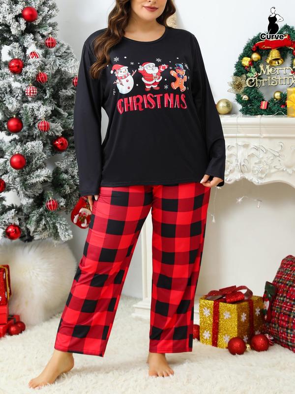  Two-Piece Set Letter & Christmas Print Pajama Set, Casual Comfy Round Neck Long Sleeve Top & Pants, Women's Sleepwear for Spring & Fall