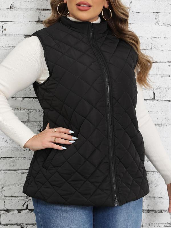  Solid Color Quilted Zip Up Pocket Vest Jacket, Casual Stand Collar Sleeveless Outerwear for Fall & Winter, Women's Clothes for Daily Wear