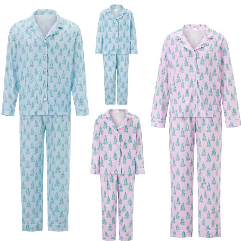 New Family Matching Christmas Pajamas Lapel Long Sleeve Tree Print Tops and Pants Mommy Father and Me Matching Sleepwear Set