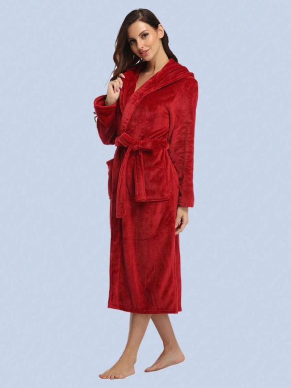 Women's Solid Belted Pocket Hooded Flannel Robe, Casual Long Sleeve Thermal Lined Robe, Women's Sleepwear for Fall & Winter