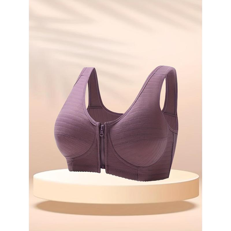 Solid Front Zipper Bra, Simple and Comfortable Wide Straps Wireless Bra, Women's Underwear and Underwear