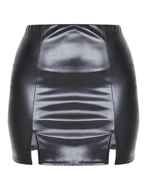 Women's Solid Split High Waist Bodycon Skirt, Elegant Girls Skirt, Fashion PU Leather Mini Skirt for Daily Outdoor Wear, Women's Bottoms for Spring Fall