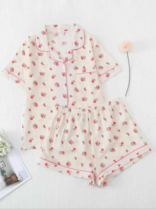 Women's Summer Cherry Print Button Shortsleeve Blouse & Elastic Waist Shorts Breathable Pajama Cute Nightwear Set, Back To School Wear, Summer Clothes Women, Casual Lapel Pocket Top & Shorts PJ Set for Homewear, Plz Purchase A Size Up, 90s Clothes