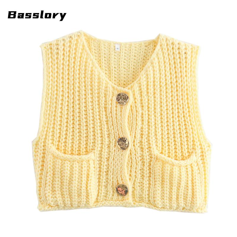 Women Sweater Tank Tops Solid Color Button Front V-Neck Knit Vest Sleeveless Knitwear Cardigan for Streetwear Spring Womenswear