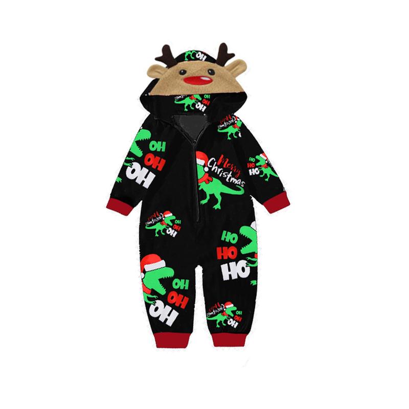 Black Green Christmas Family Matching Jumpsuit, Long Sleeve Hooded Dinosaur Print Zipper Closure Loungewear